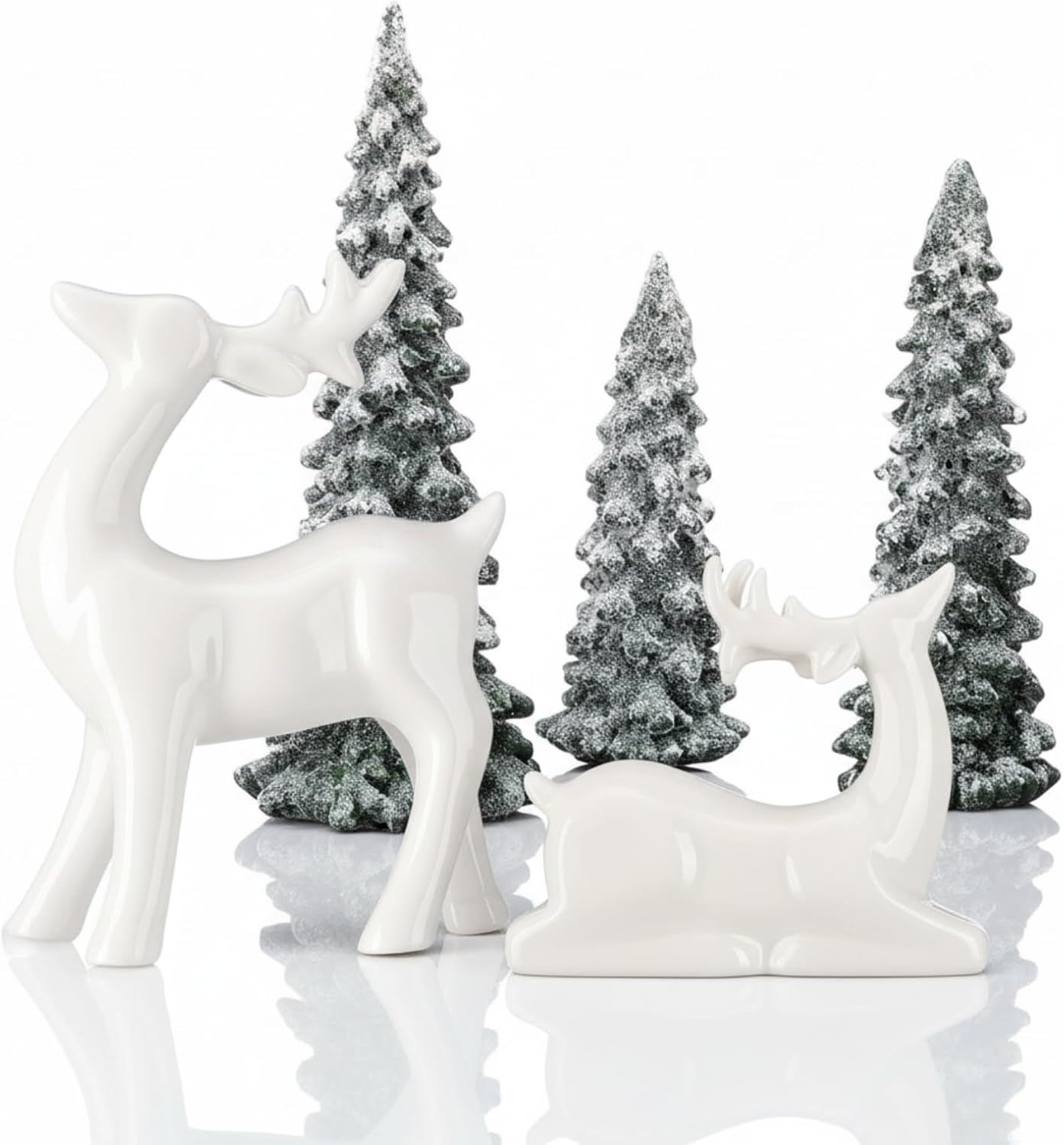 AceOrbit 5 Pcs Reindeer Christmas Decor and Christmas Trees White Ceramic Reindeer Figurines Decoration Small Lucky Ceramic Sitting Standing Deer Xmas Home Mantel Cabinet Desktop Tabletop Decor