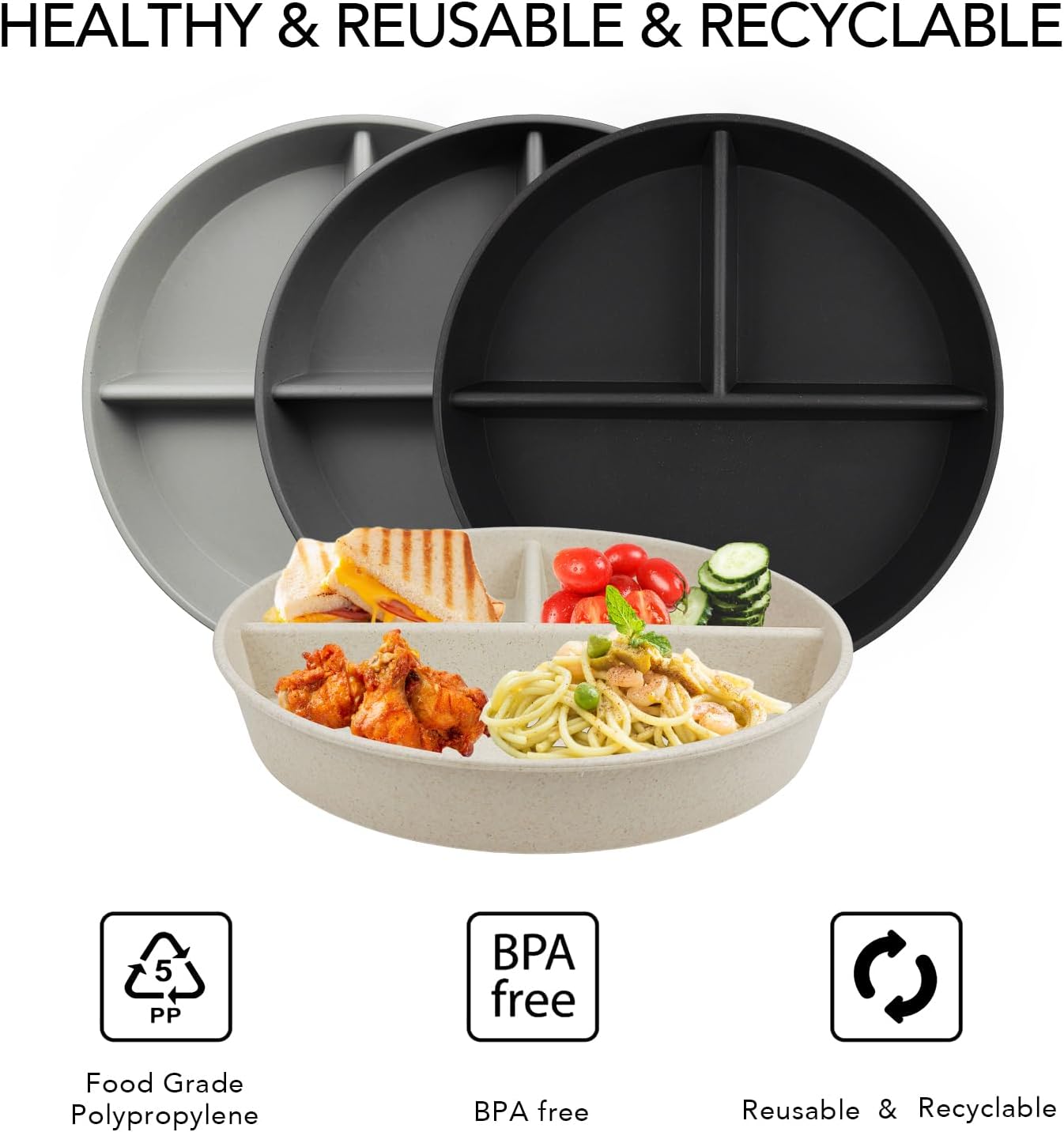 greenandlife 9 Inch 4PCS Divided Plates with Lids, Portion Control Plates for Kids Adults, Dishwasher Microwave Safe Compartment Plate, Unbreakable Lightweight Reusable Wheat Straw Plate, Grey Black - Image 4