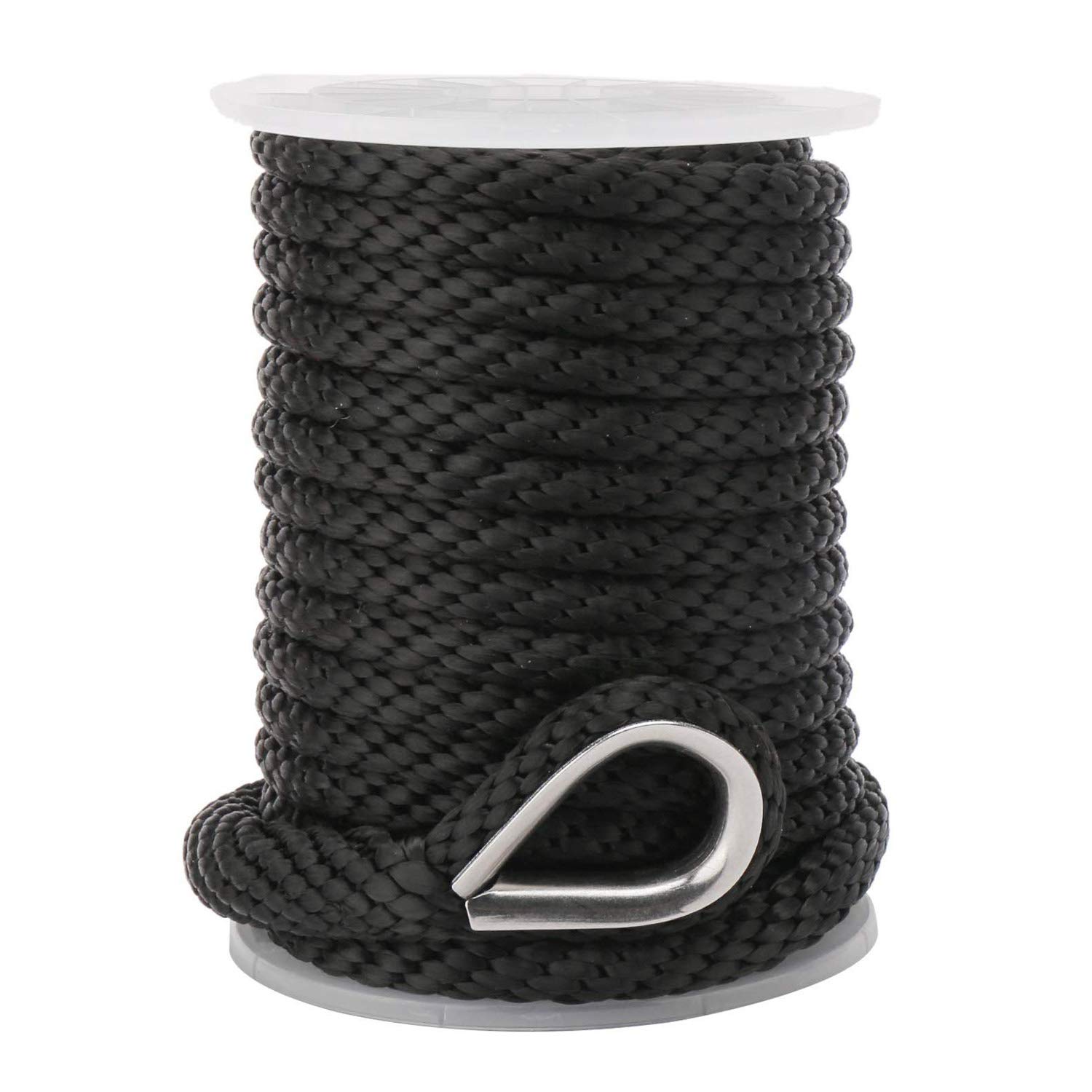 NovelBee Ligne d'ancrage multifonction tressée solide de qualité supérieure, meilleure corde en polypropylène avec dé à coudre en acier inoxydable 1/2" x 50', noir