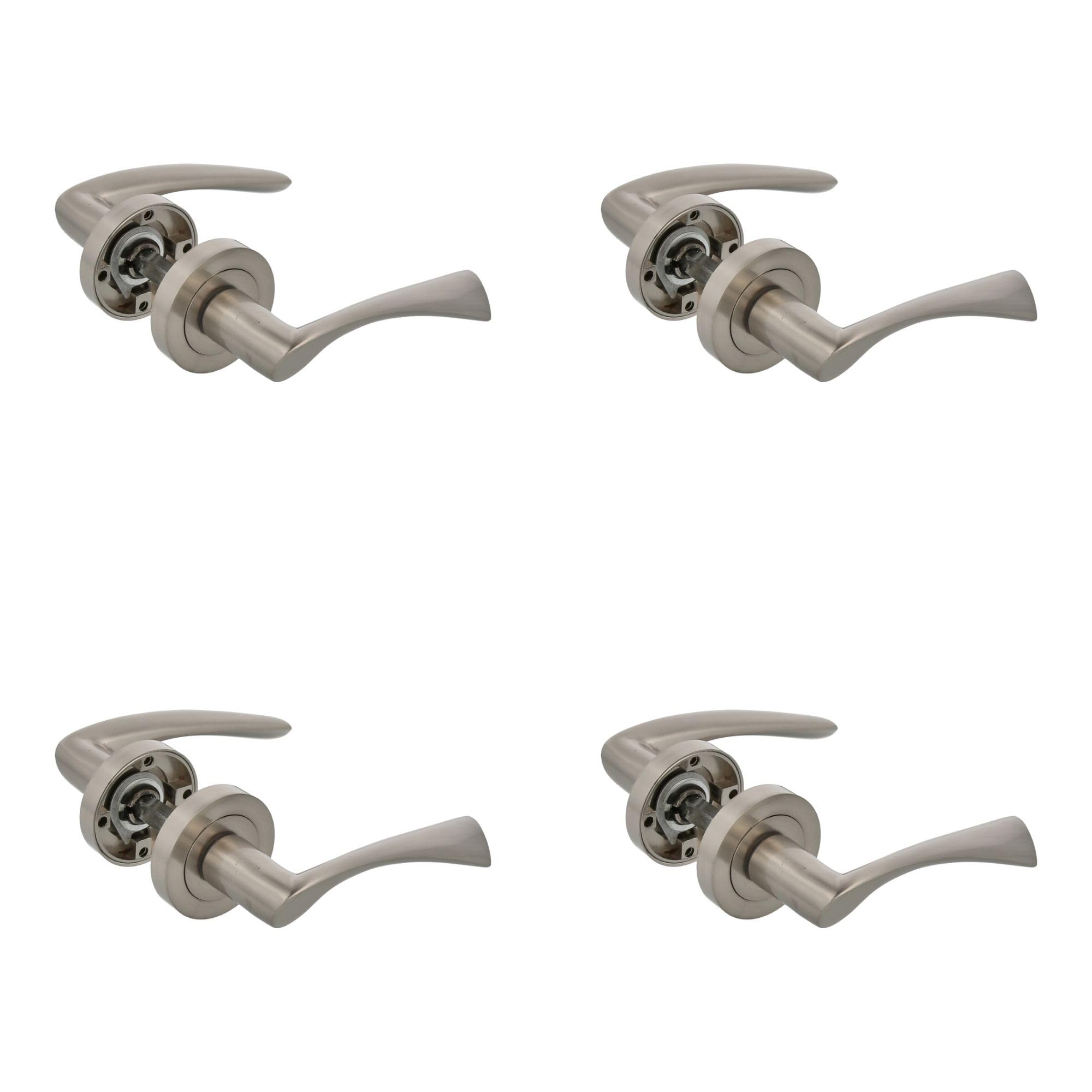 Amig - Pack de 4 Juegos de 2 Manillas Plateadas de Roseta Redonda - Con Tirador de Zamak con - Acabado Cromado Mate - Para Puertas de Paso de Interior - Diámetro Roseta Ø52 mm - Incluye Tornillos