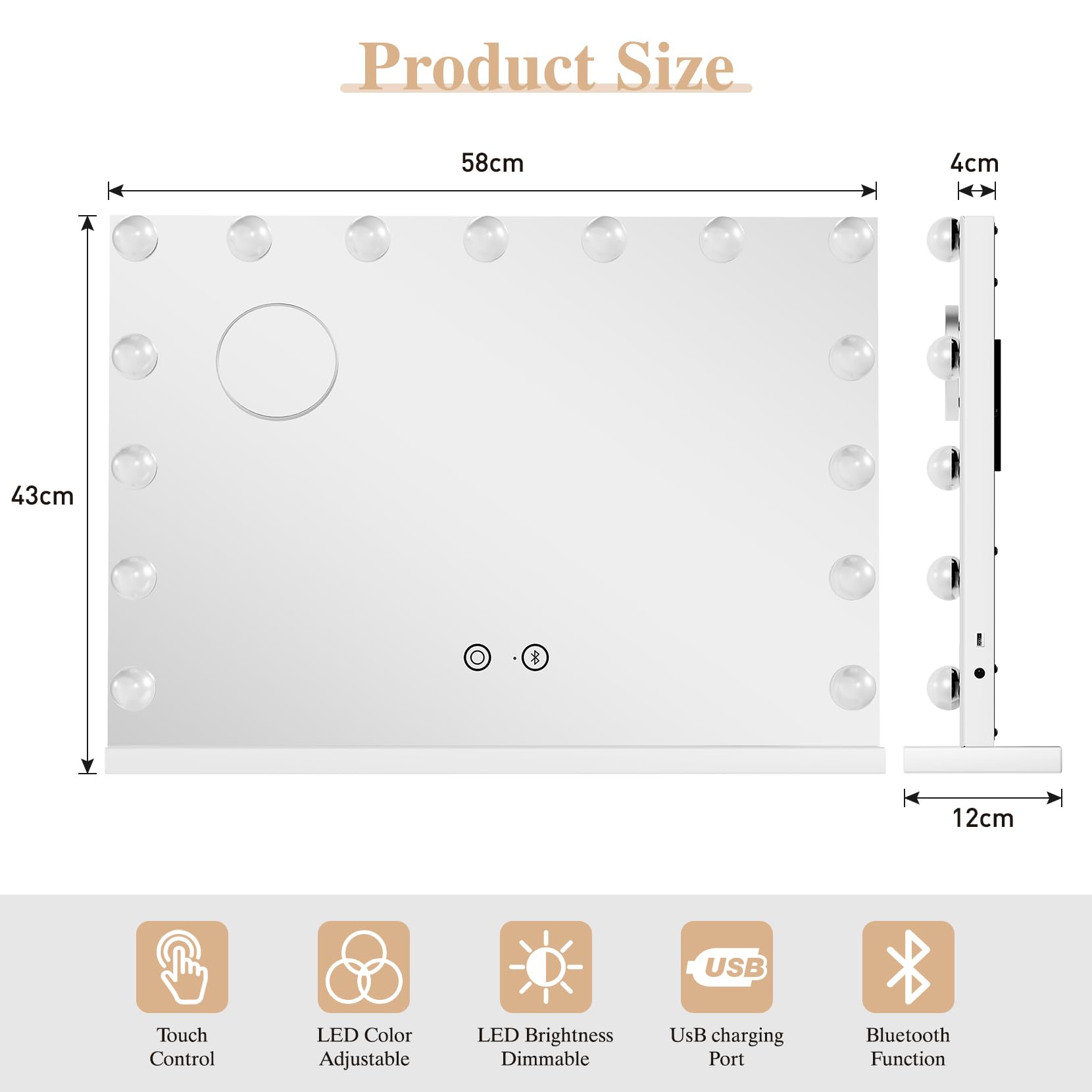 Lusterko do makijażu LED z Bluetooth, 5 ściemnianych żarówek, 3 tryby kolorów, port USB, duża toaletka do sypialni i garderoby