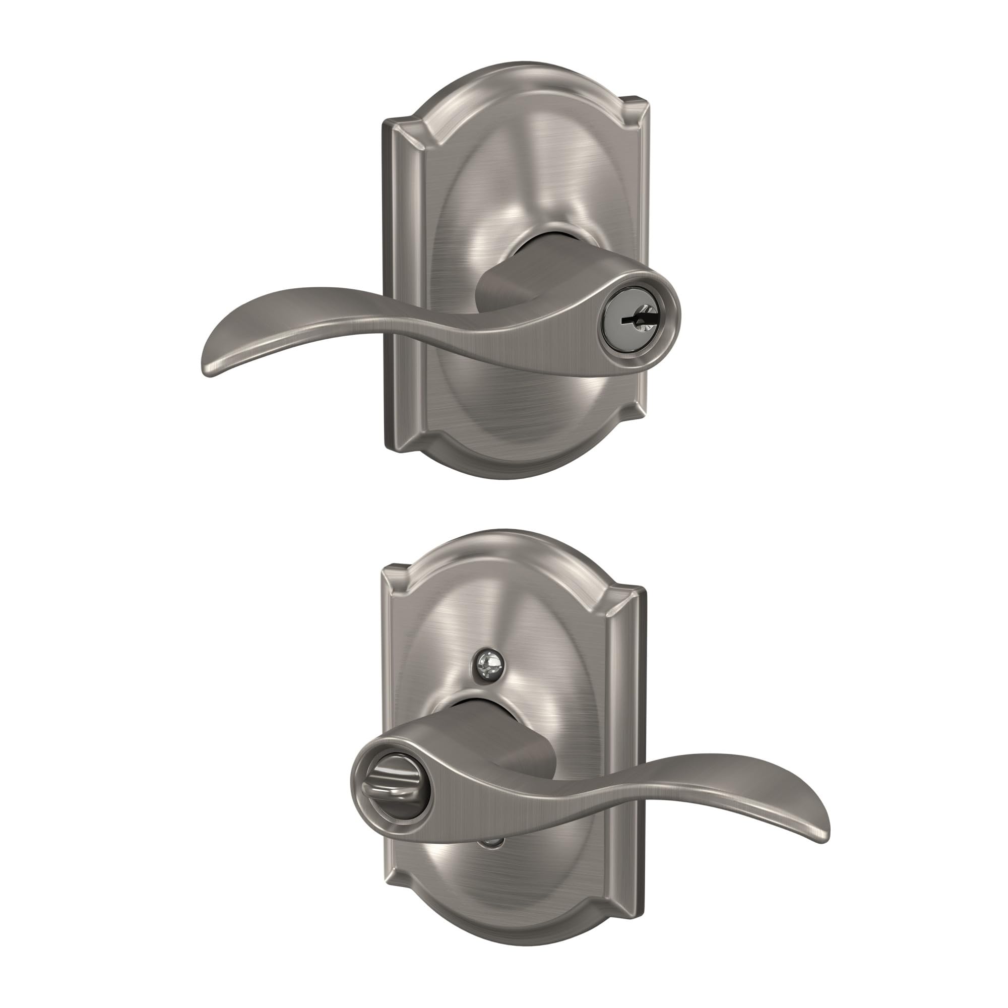 Schlage Accent Keyed Entry Door Handle, Reversible, Satin Nickel | Keyed entry lever door handle with turn-button lock, Easy to install, Certified security &amp; durability, Universal fit, 2 keys
