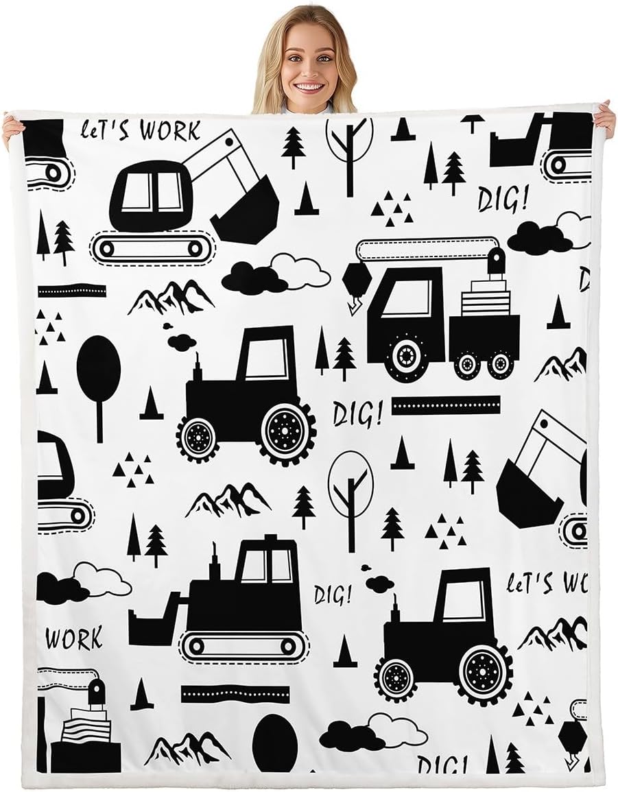 Construction Sherpa Blanket Twin 60"x80" Equipment Trucks Fleece Throw Blanket for Kids Boys Girls Decor Cartoon Car Excavator Tractor Plush Blanket Black White Fuzzy Blanket Bedroom