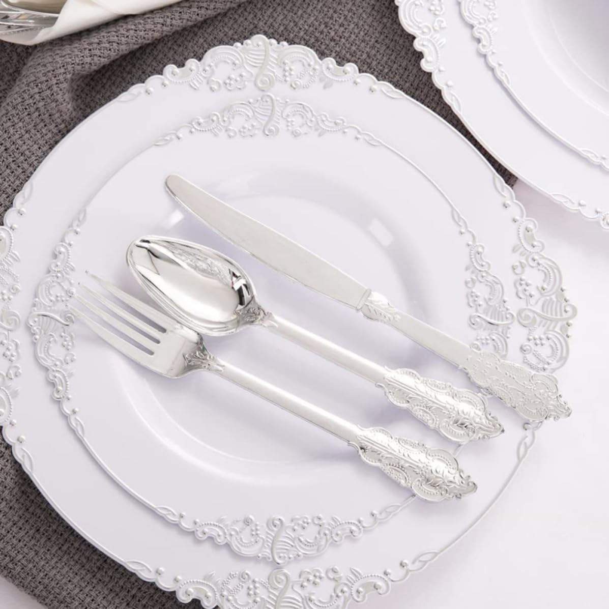 Ipetboom 2 Sets Disposable Silver Fork Spoon Napkin Kit with Ergonomic Design and Easy to Grip Plastic Flatware for Wedding the Road Use