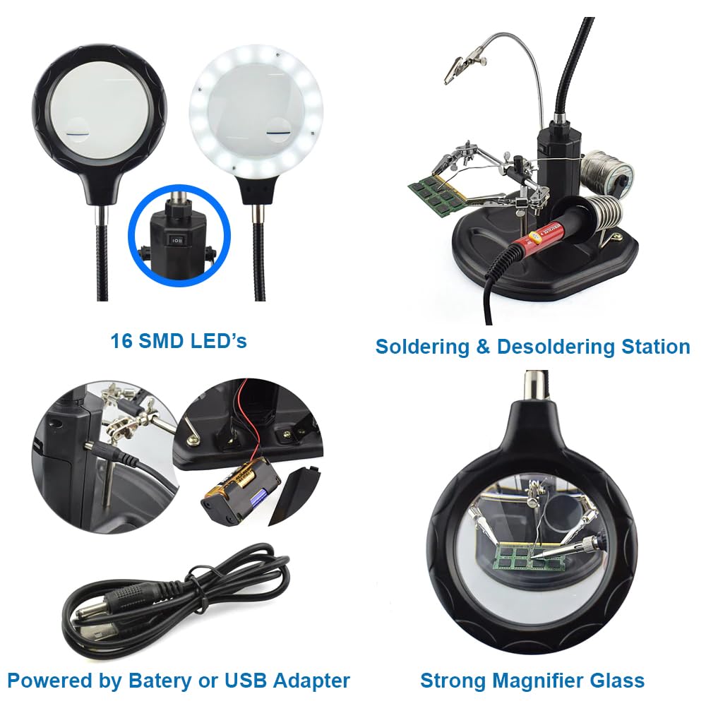 MMOBIEL Troisième main Robuste avec Loupe 2.5X à 4X, Lampe LED, Support Fer à souder avec Pinces et clips de soutien