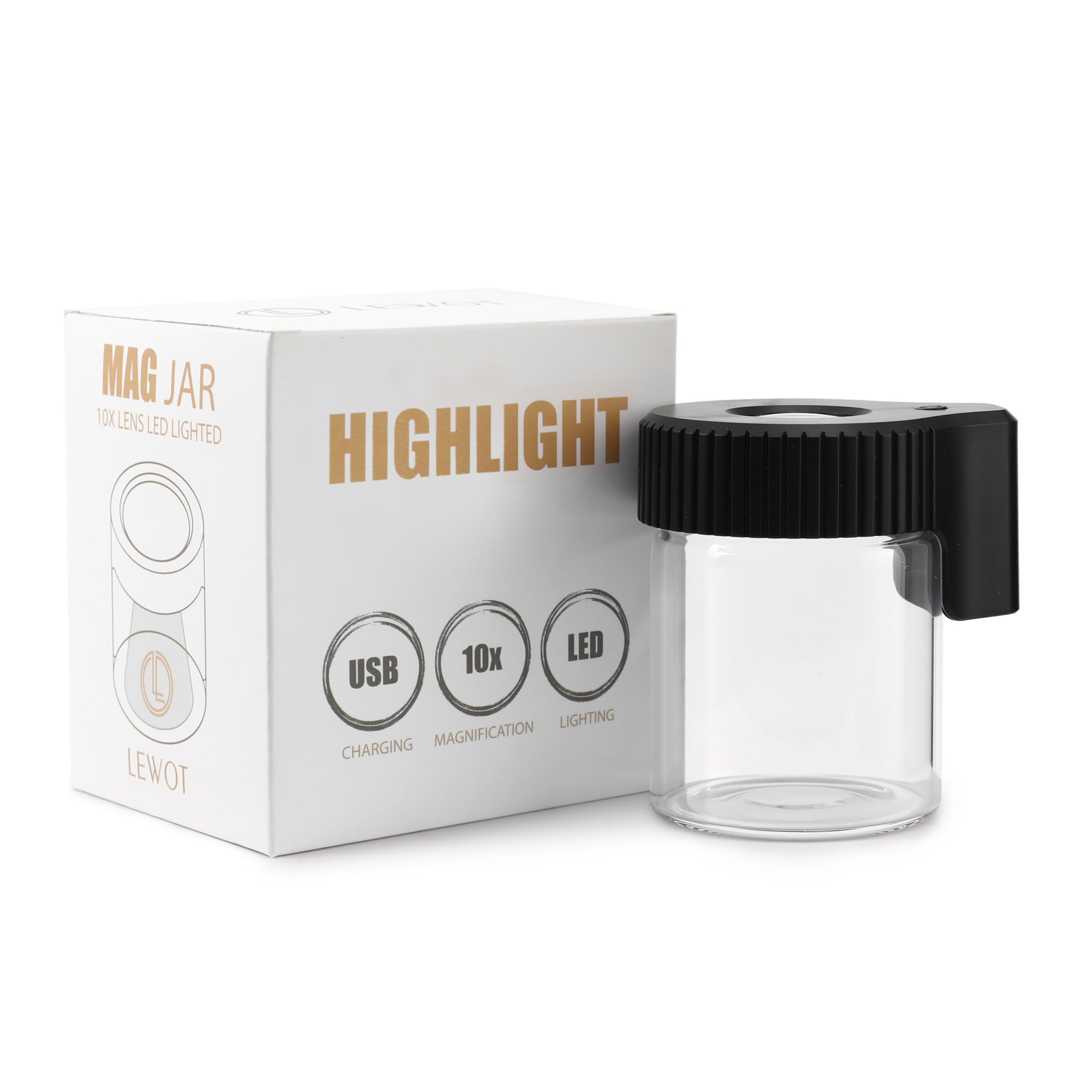 Magnifying Viewing Jar with LED Light, Airtight Transparent Glass Storage Jars, Rechargeable LED Lit Lid Container (Black)