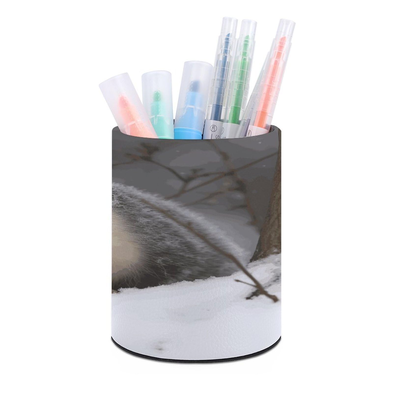 LDGSUPH Opossum In Snow Round Pen Holder Leather Pen Cup Pencil Cup Pen Organizer Pencil Holder for Desk Organizer Pencil Organizers Makeup Brush Holders for Home Office Gift