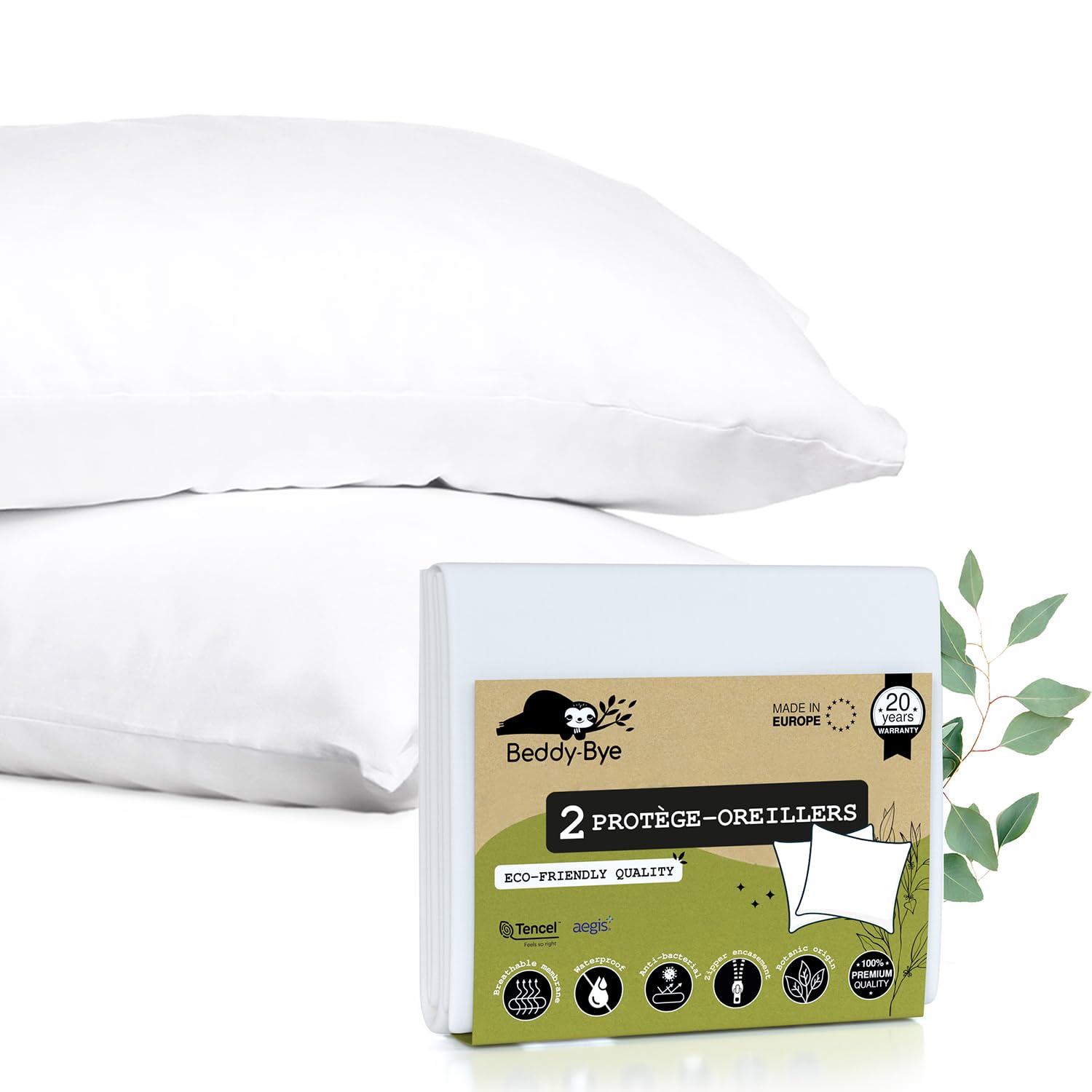 Protège Taie Oreiller 50x70 cm (Lot de 2) Imperméable en Tencel™ avec Fermeture Zip - Certifié Oeko-Tex® en Fibre Écologique et Durable Aegis® - Fabriqué en UE