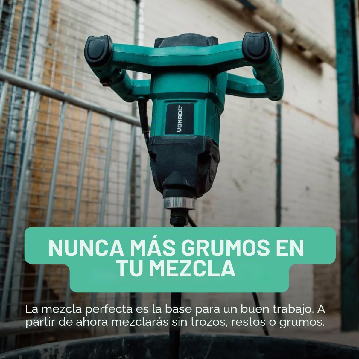 VONROC Taladro mezclador de pintura/ cemento de 1200W - Arranque suave - 3 metros de cable de goma, con una varilla mezcladora 140x600 mm