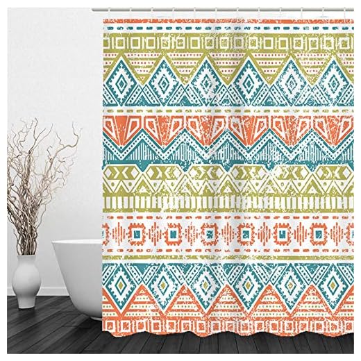 Chlyuan-hm Vattentätt duschdraperi geometriskt mönster flerfärgat polyestertyg duschdraperi bohemiskt vattentätt duschdraperi med öljetter plast vita krokar 180 cm x 180 cm för badrum