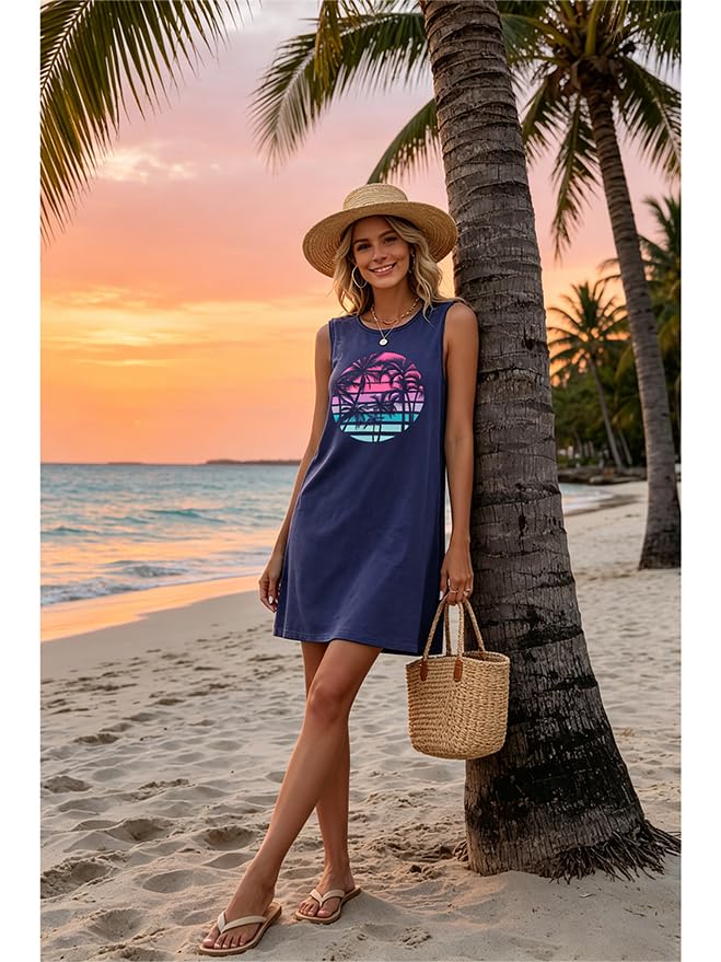 Image of Sun Salt Sand Coconut Tree Tank Mini Dress for Women Sleeveless Beach Praty Shirts Summer Vacation Short Mini Dresses