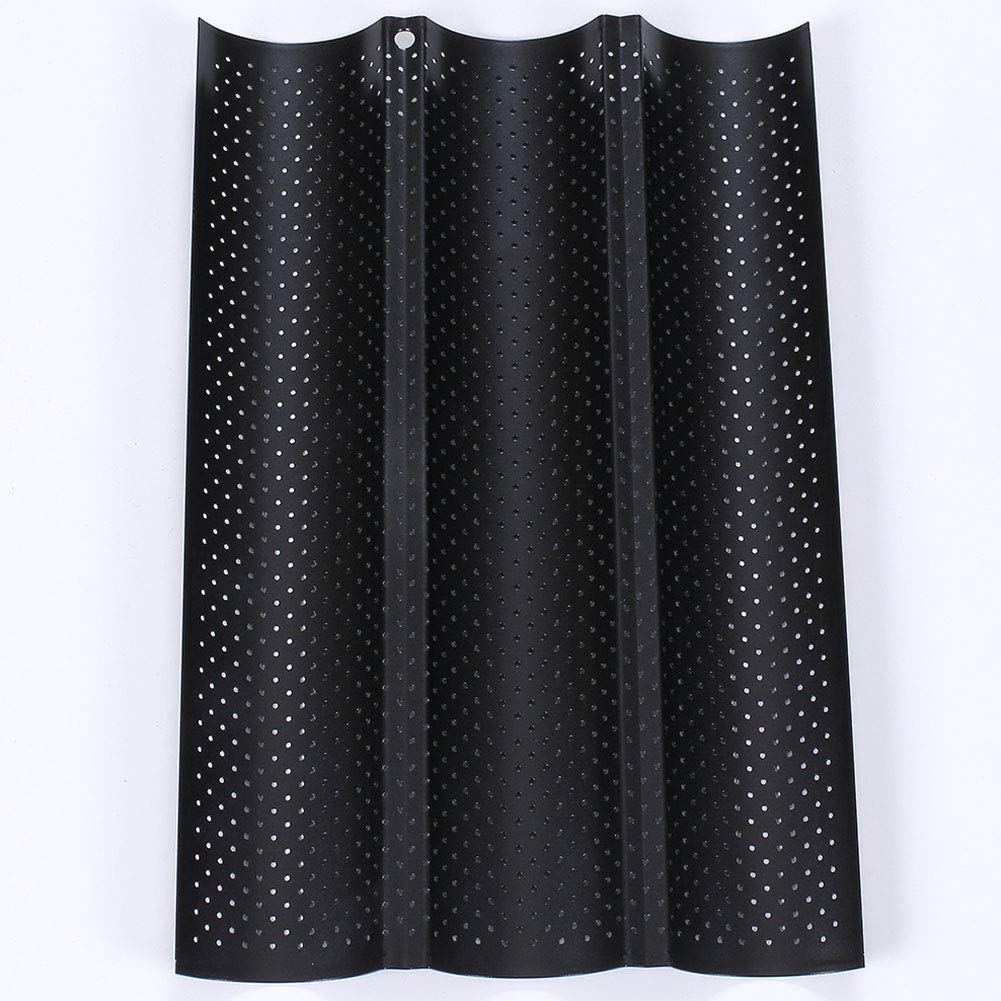 Baguette Baking Tray, Nonstick Wave Mould Fast and Evenly Heating, Perforated Baguette Kitchen Gourmet Making Pan, Baking Sheet, for French Bread, Stick Bread, Toast Maki(Black 3 Baguettes-2Pcs)