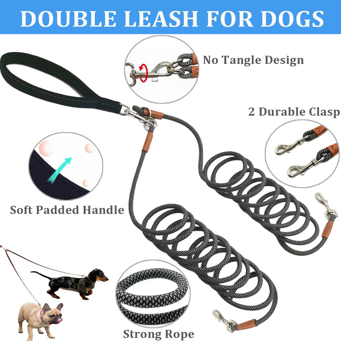 8FT Double Dog Leash, 1/4" Rope Leash for Two Small or Medium Dogs, Soft Handle 360 Swivel No Tangle Dual Dog Leash for 2 Dogs Walking