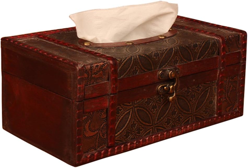 ANQIAO Small Size Brown Elegant Wooden Vintage Facial Tissue Box Cover Holder with Metal Lock Large Rectangle Toilet Antique Napkin Holder Bathroom Car Classical