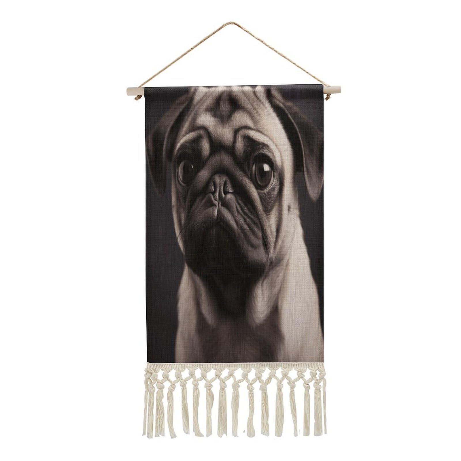 VstaDank Pug Wall Art Decor with Tassels 20"x10" Cotton Linen Hanging Tapestry Decor Wall Art Prints Wood Frame Boho Wall Art Poster for Bedroom Living Room Office