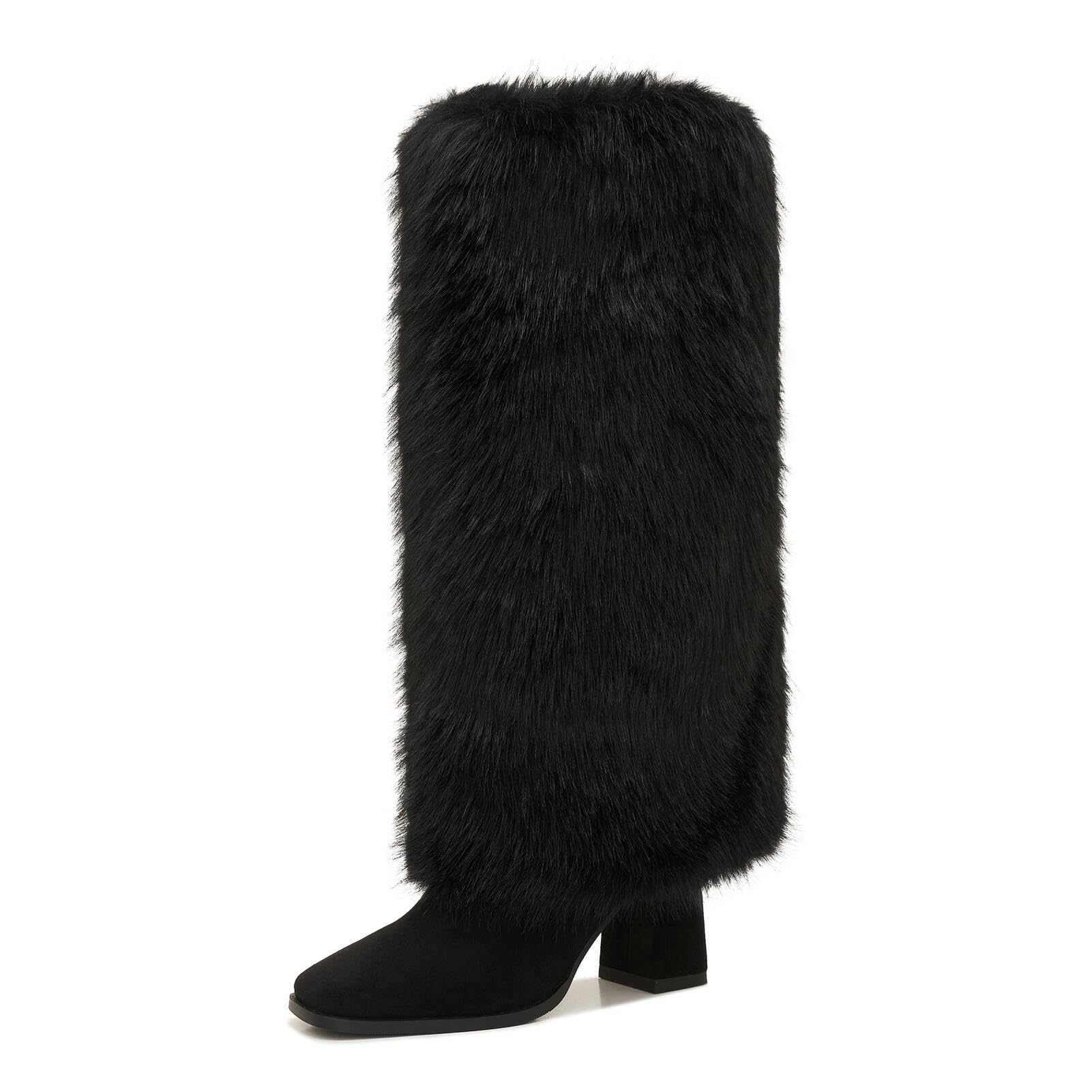 Knee High Fur Boots for Women Fluffy Faux Fur Winter Boots with Chunky Heel Warm Suede Snow Boot