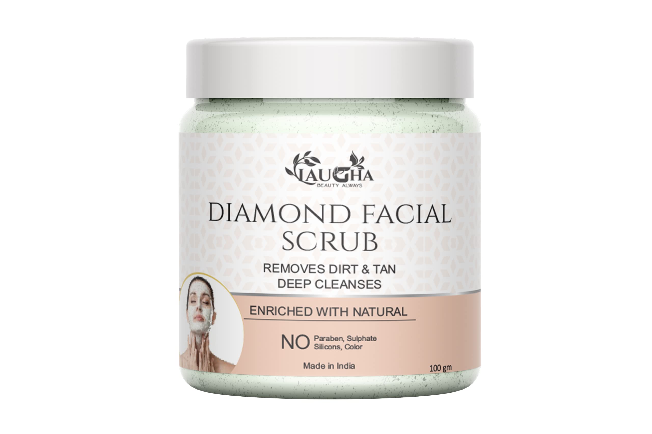 Laugha Diamond Facial Scrub visibly whitening scrub wash helps eliminate and prevent dark spots, blackhead and blemishes, de-flakes. Polishes.100gm
