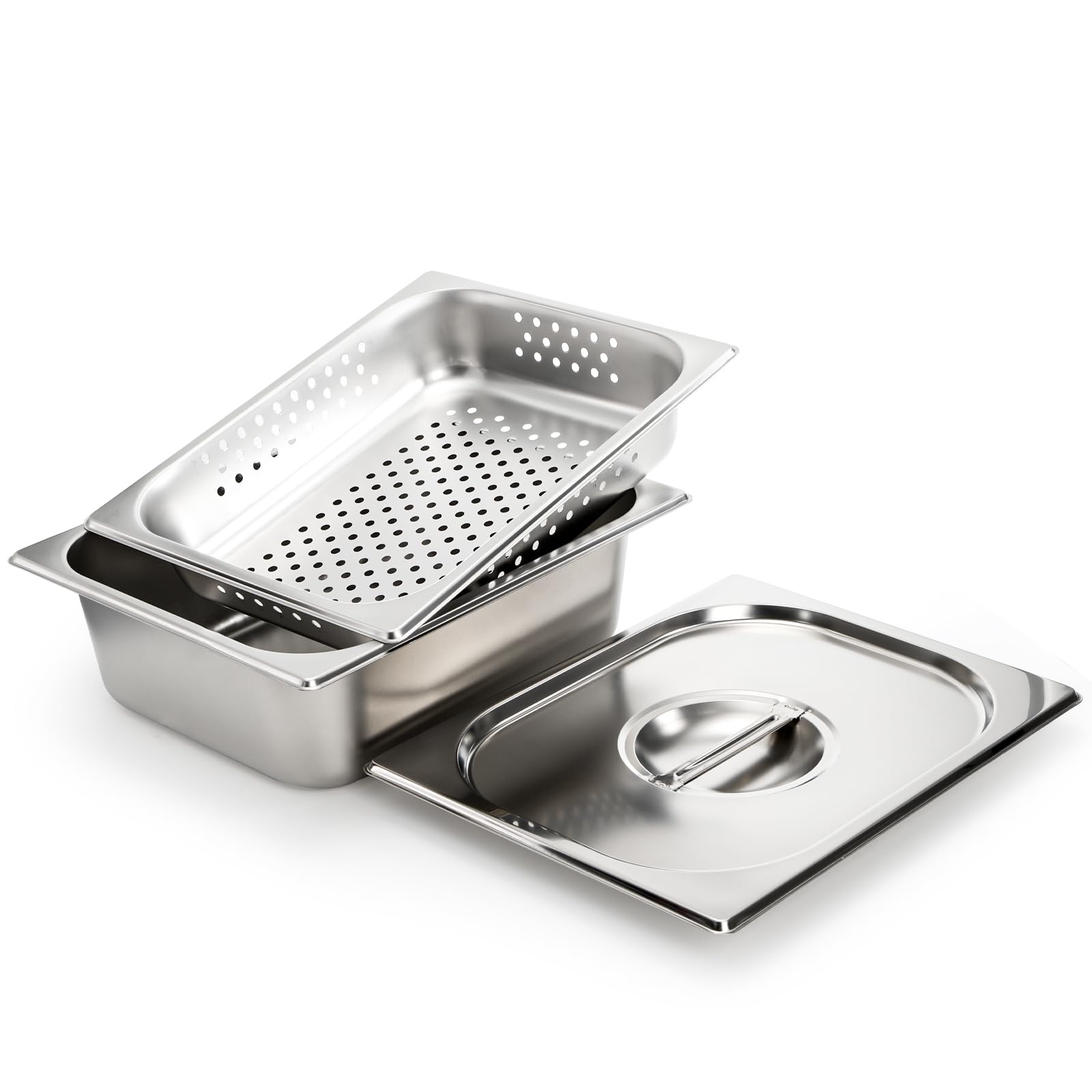 Kingrol Paquete de 3 sartenes de mesa de vapor de 1/2, sartenes de hotel de acero inoxidable de 4 pulgadas de profundidad con tapa, sartén de vapor perforada, sartenes para bufés, catering y cocinas