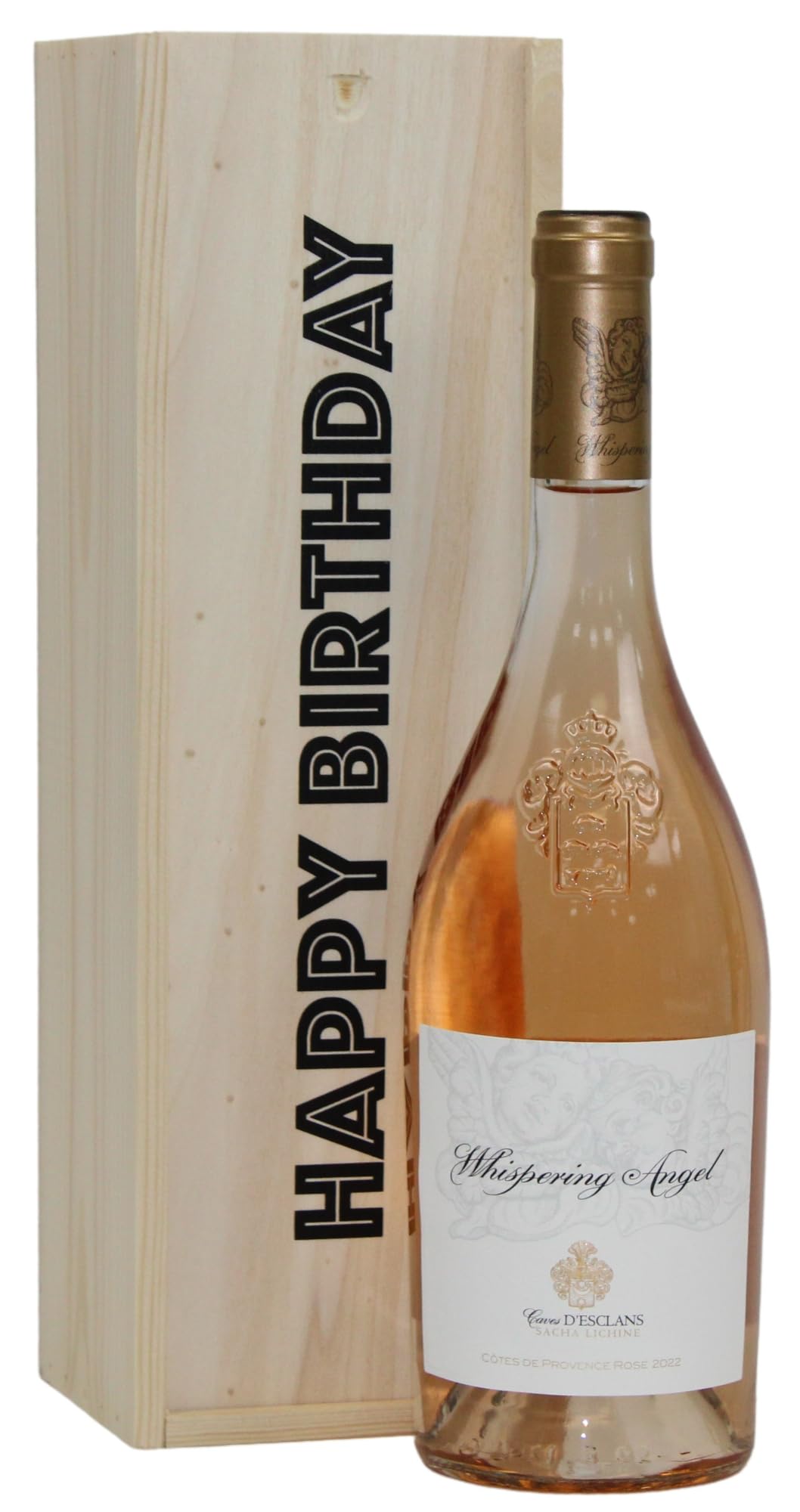 Whispering Angel Rosé Cotes de Provence, 75cl in a Happy Birthday Celebration Wooden Gift Box - Classic French Pink Rose Wine Birth Day Present