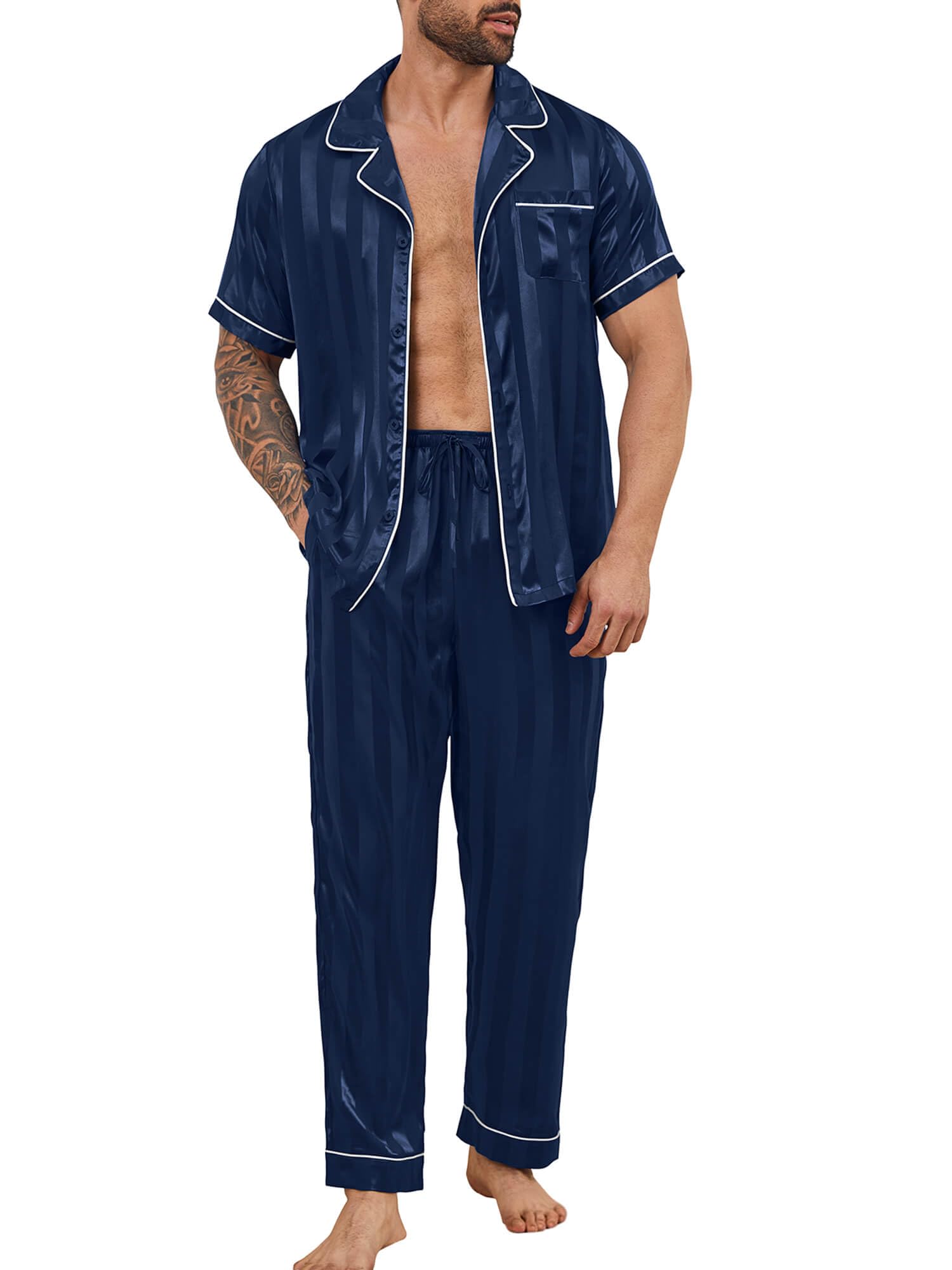 DEARCASE Mens Satin Silky Pajama Set Short Sleeve Soft Sleepwear Button Down Loungewear Long Pants with Pockets