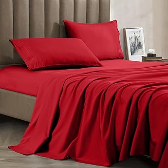 Elegant Comfort Luxurious 1500 Premium Hotel Quality Microfiber Three Line Embroidered Softest 4-Piece Bed Sheet Set, Wrinkle and Fade Resistant, King, Red