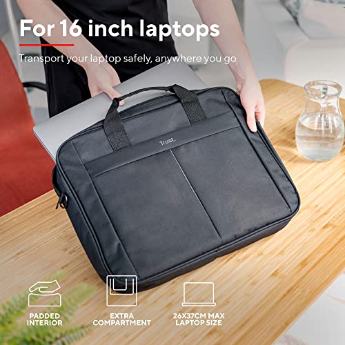 Trust Primo Laptop Bag 16 Inch, Work Bag with Padded Interior, Adjustable Shoulder Strap, Dual Metal Zippers, Messenger Bag for Business, Notebooks, Macbook - Black