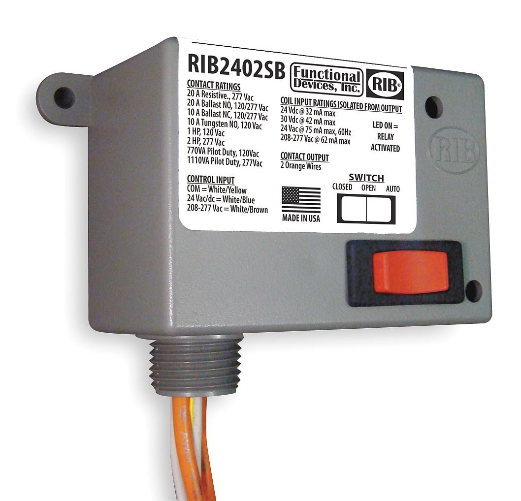 FUNCTIONAL DEVICES RIB RIB2402SB -30 to 140 F, NEMA 1 HOUSING, POWER RELAY, 20 AMP SPST-N/O + OVERRIDE, 600 VOLT WIRE RATING, 24 VAC/DC/208-277 VAC COIL