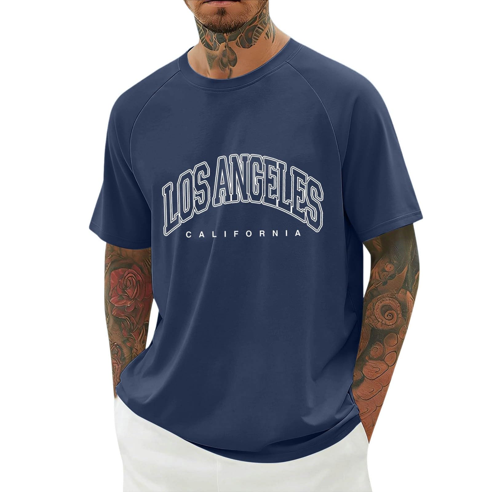 YOSUWOAI T-Shirts for Men, Los Angeles Print T-Shirt, Summer Short Sleeve Crew Neck Tops, Men's Casual Sports Shirt, Loose Tee Shirts, Streetwear, Comfortable, Breathable, Short Sleeve Shirt, O Navy