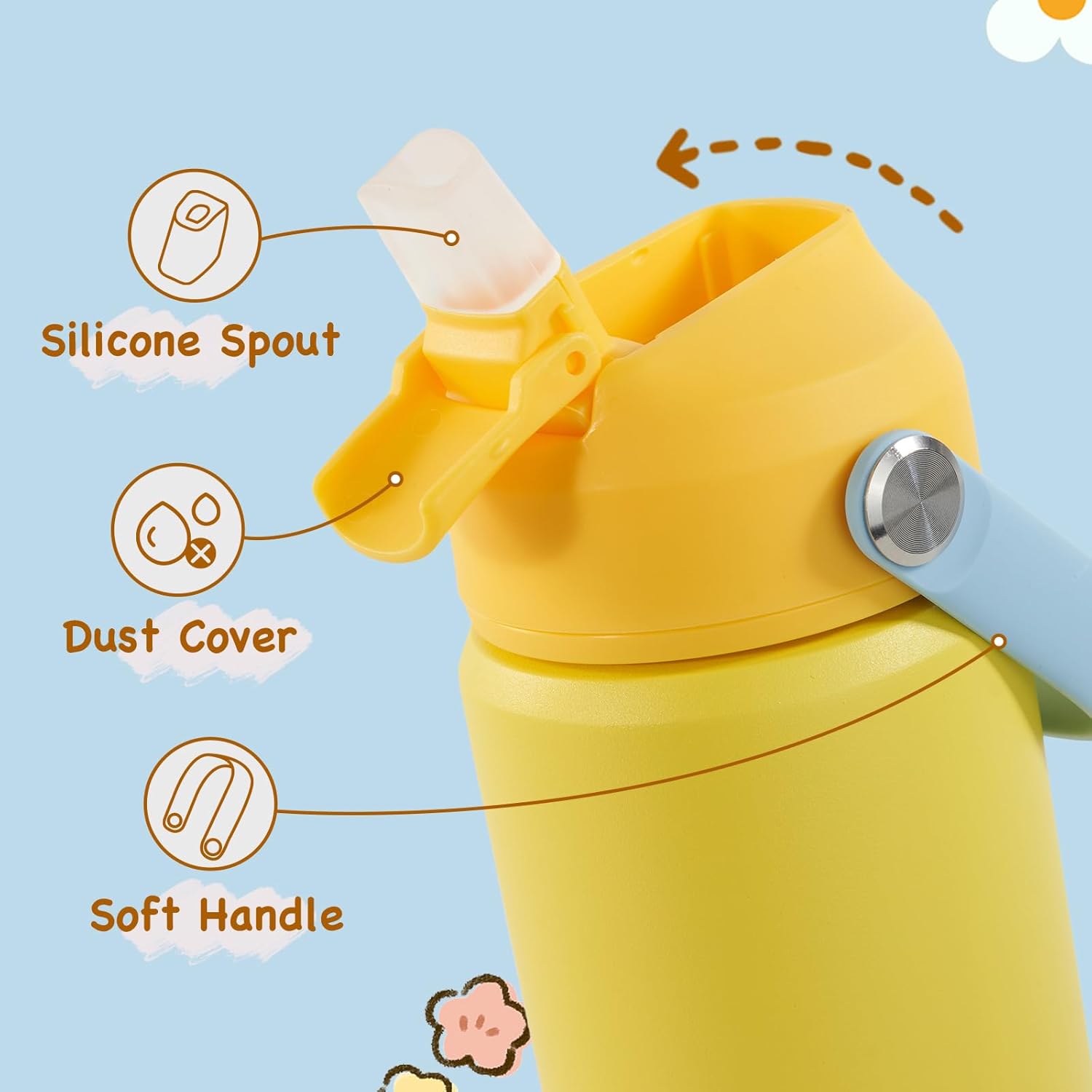 Kerilyn 12oz Kids Water Bottle 2 Pack, Stainless Steel Insulated Water Bottle Bulk, Toddler Cups with Straws Leak-Proof, Kids Water Bottles for School Boys Girls, BPA Free, Cantaloupe + Yellow