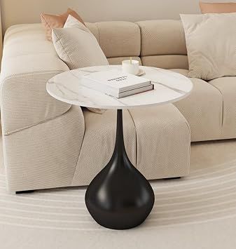 Small Sofa Side Table with Faux Marble Top, Round Accent Table Modern End Table Floor Coffee Table for Small Spaces Living Room