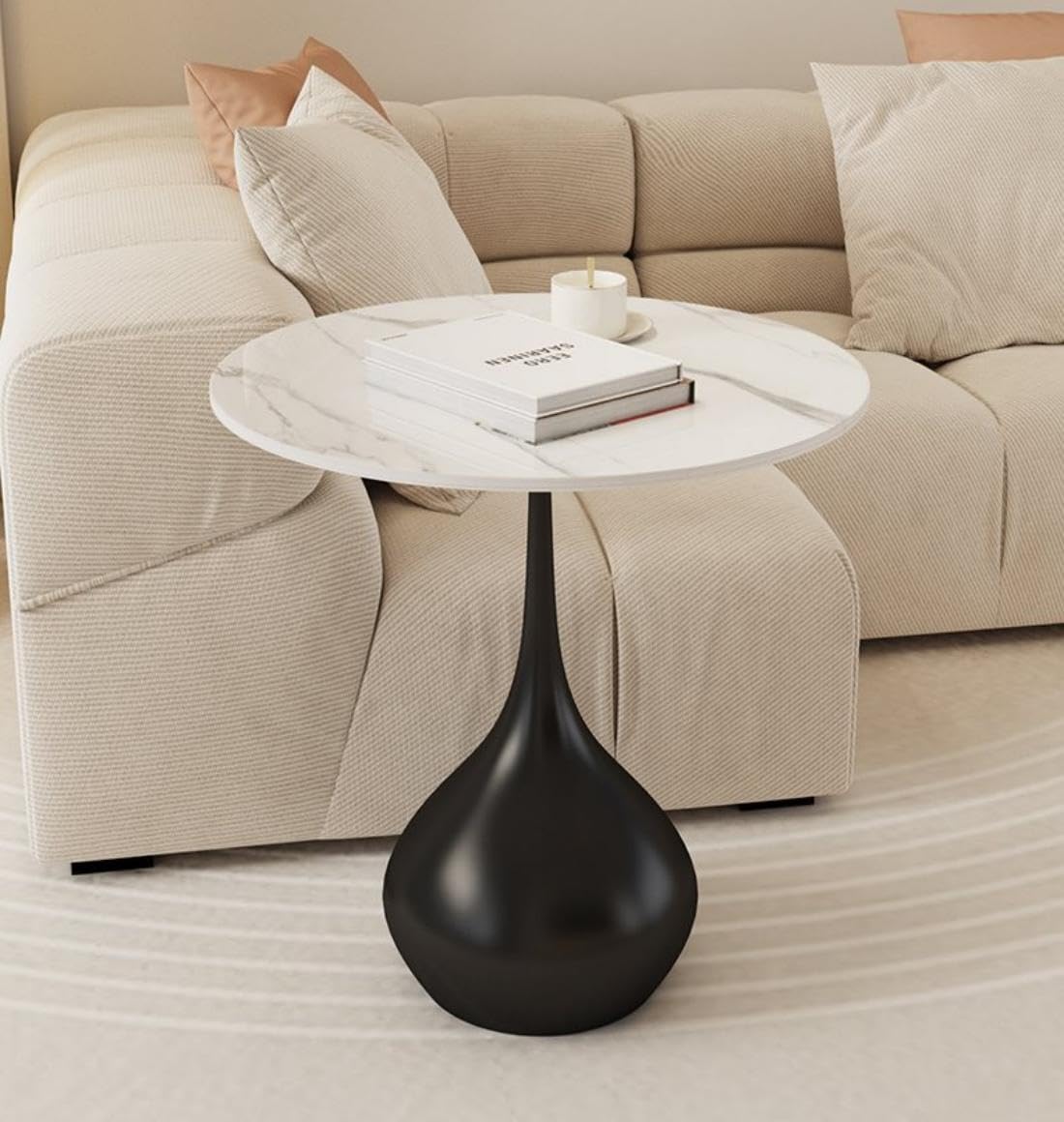 Small Sofa Side Table with Faux Marble Top, Round Accent Table Modern End Table Floor Coffee Table for Small Spaces Living Room