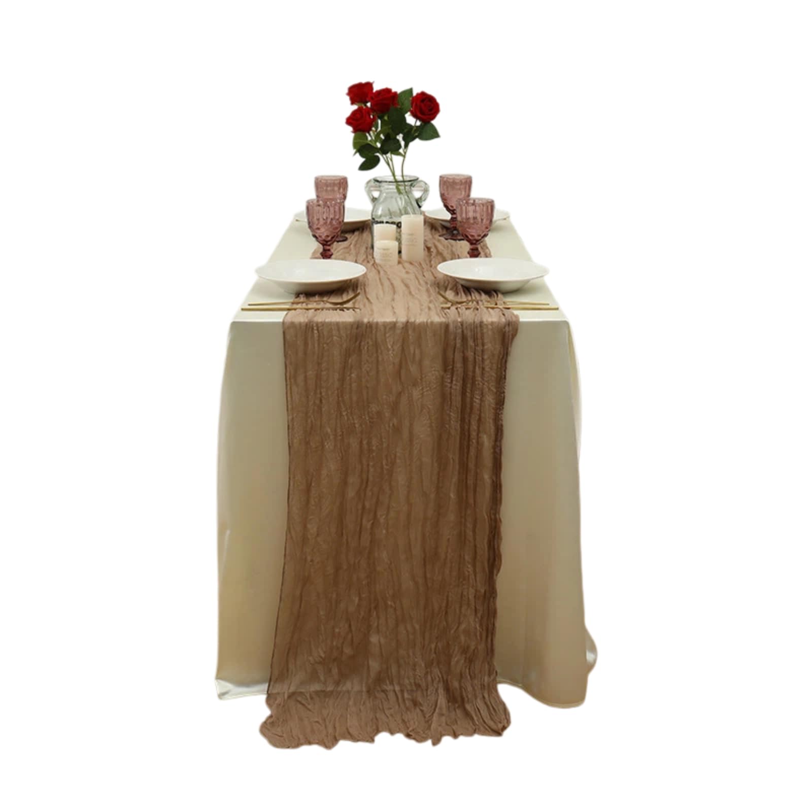 Crinkled Sheer Gauze Table Runner, Semi Transparent Boho Cheesecloth Table Runner for Wedding Birthday Dinner Party Bridal Shower Restaurant Table Decor