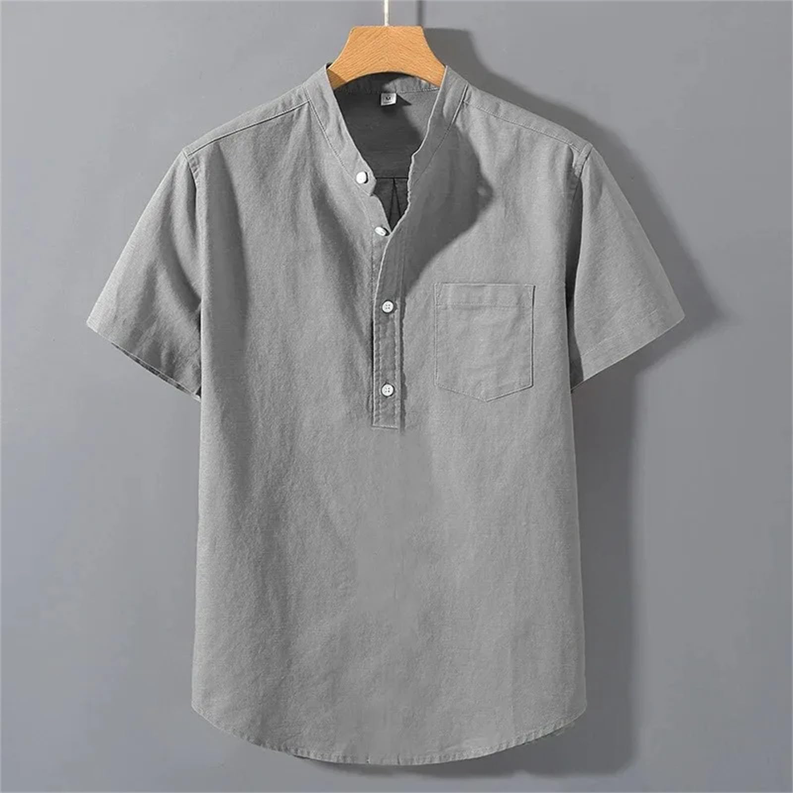 Camisa de algodón de manga corta con cuello alto para hombre, color liso, transpirable, holgada, básica, con bolsillos, estilo casual