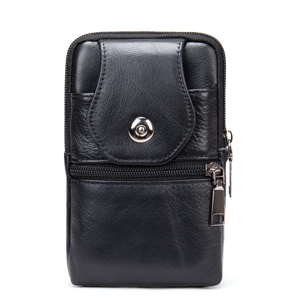 Cell Phone Waist Pouch Leather Mens Black, Cell Phone Holste with Belt Loop Leather, Waterproof Vertical Cell Phone Belt Clip Holster Smartphone Waist Belt Bag Zipper Sports Travel Handbag Carry Case
