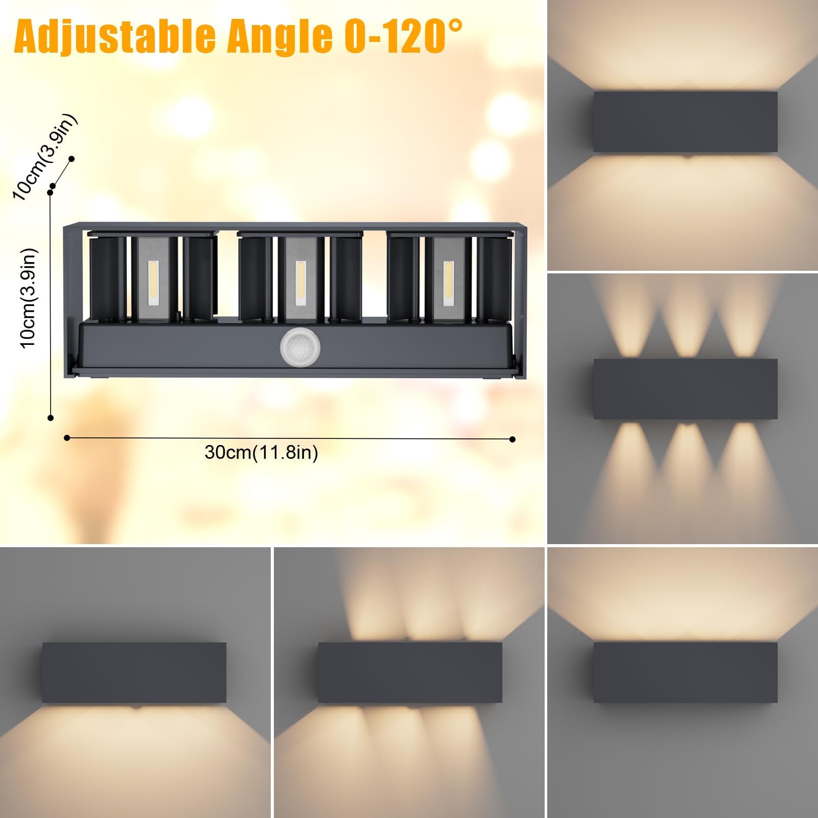 Klighten Lampada da esterno, 30W Applique da Parete con sensore di movimento per luci esterni/interni Lampada da parete con fascio regolabile IP65 Impermeabile 3000K, Antracite