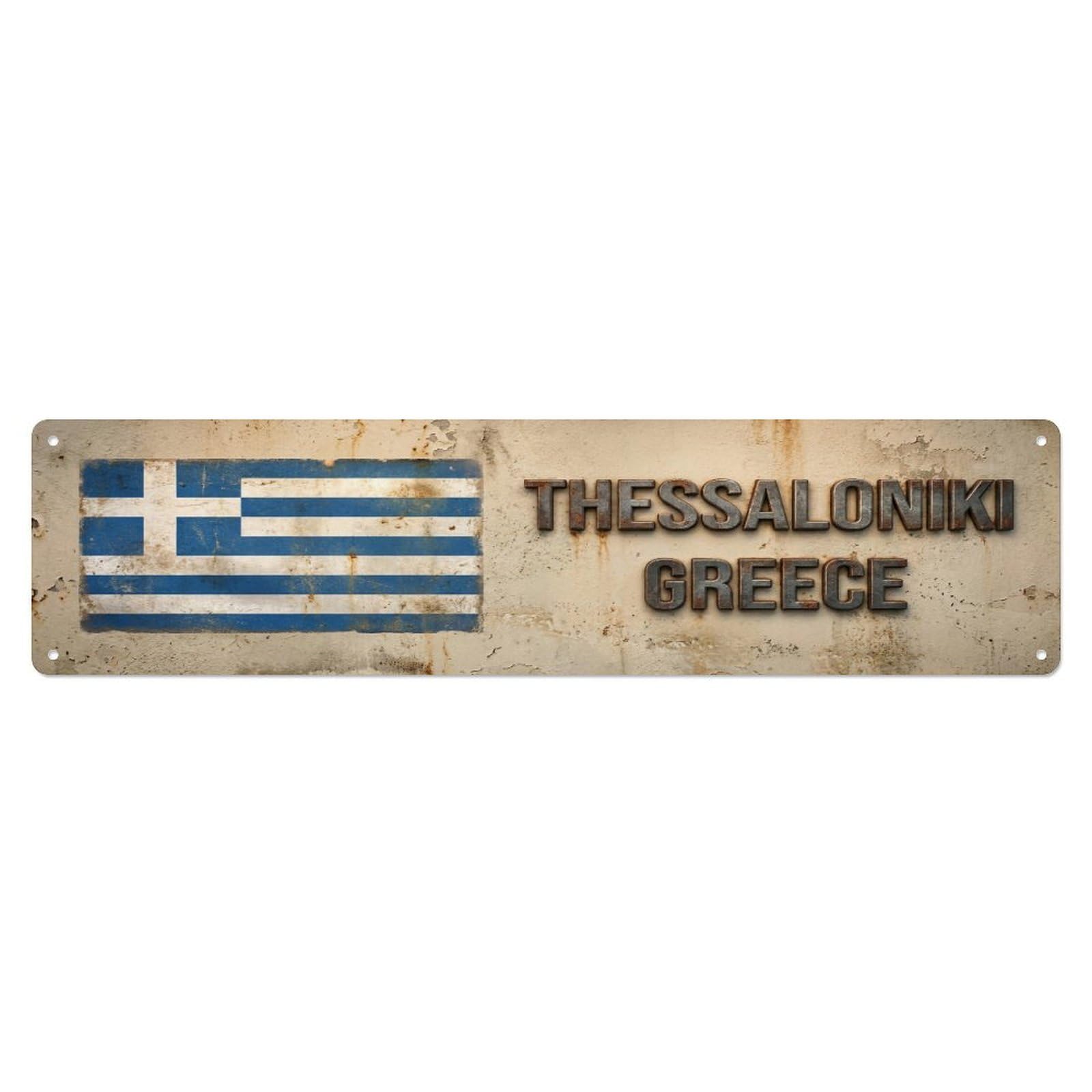 Metal Tin Sign Vintage Thessaloniki Greece Flag Decor Rustic Travel