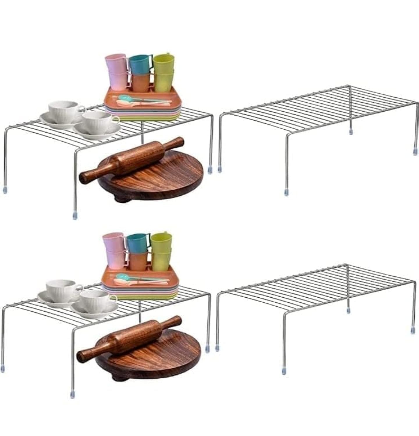 4pcs Stainless Steel Kitchen Dish Rack Expandable Storage Shelves for Kitchen Cabinets Multipurpose Organizer Extend Up to 580 mm with Anti-Rust Nano Coating (Pack of 4), Tiered Shelf