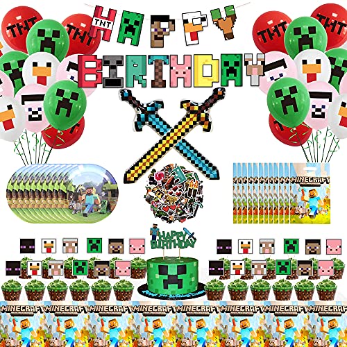 142Pcs Pixel Style Gamer Birthday Party Supplies, Minecraft Party Supplies for Game Fans Including Banner, Balloons, Cake Toppers, Gift Bags, Minecraft Stickers for Boys and Girls, Minecraft Birthday Decorations, Minecraft Decor