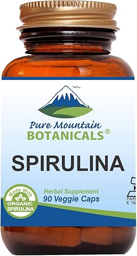 Pure Mountain Botanicals Cápsulas de espirulina – 90 cápsulas veganas kosher – ahora con 450 mg de espirulina orgánica en polvo – Suplemento de