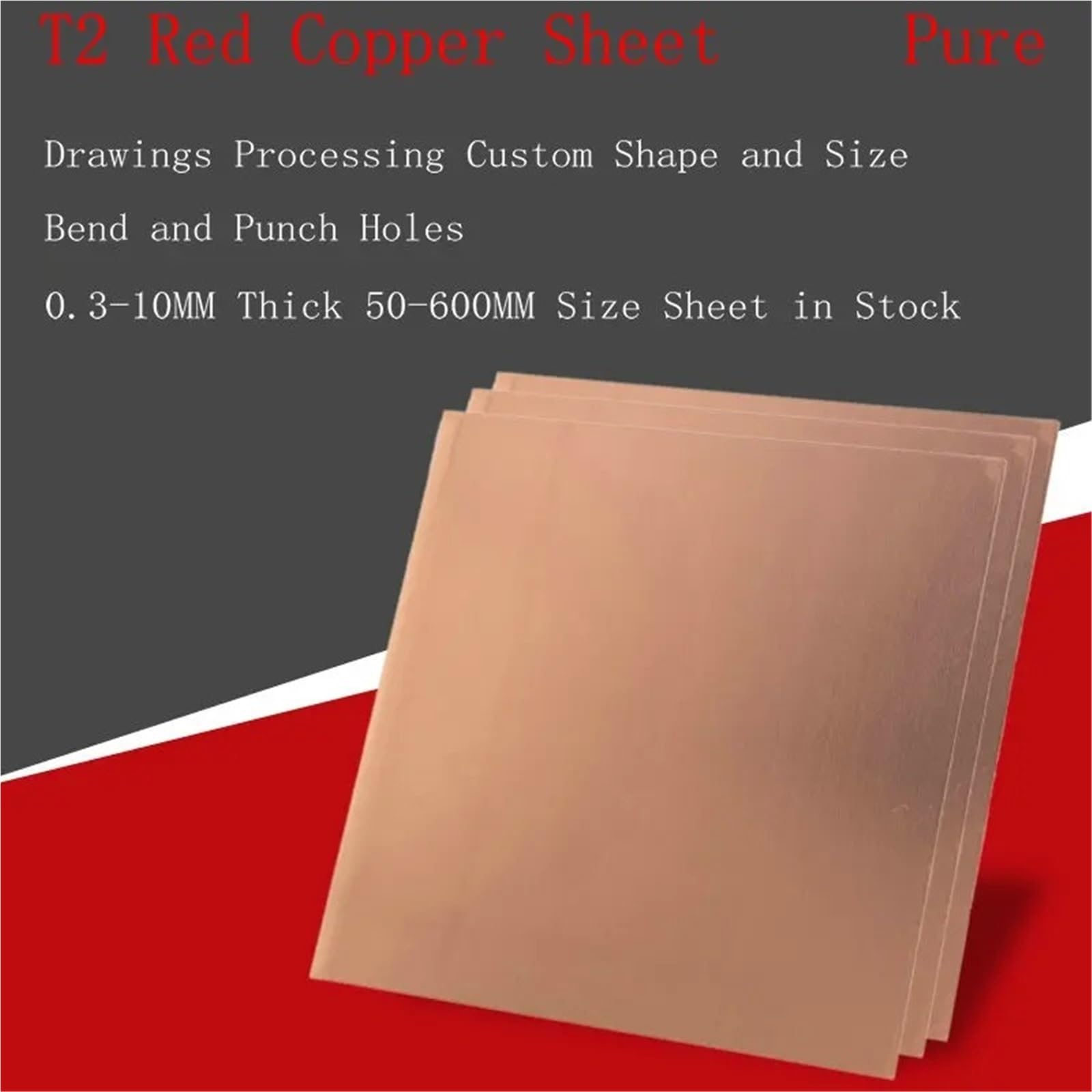 Placa de cobre rojo puro T2 0,3-10 mm espesor y 50-600 tamaño for mecanizado moldes CNC, refrigeración por ariete viruta, arte metálico Adecuado para joyería y manualidades(3MM Thick,150X150MM)
