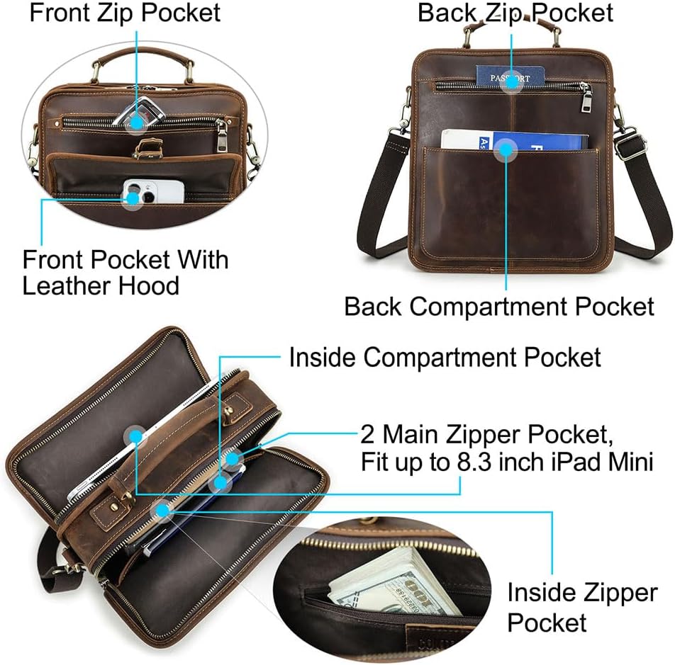 CONTACTS Crazy Horse Leather Messenger Bag for Men 12.9" iPad Bag with Handle Crossbody Shoulder Bag Vintage Briefcase Work Travel Handbag Satchel