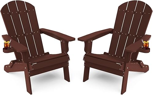 YEFU Adirondack - Juego de 2 sillas Adirondack plegables de plástico de gran tamaño con soporte para tazas, silla de césped resistente a la