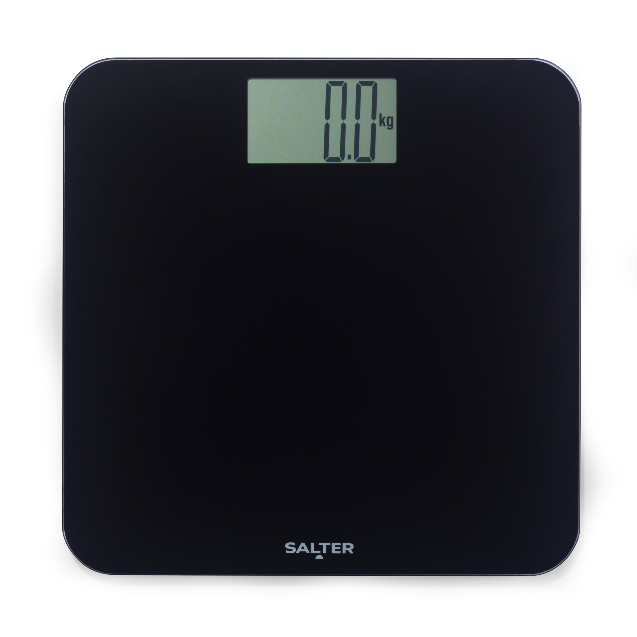 Salter Báscula de baño digital 180 kg, pantalla LCD | Incrementos de 0,1 kg, plataforma de cristal de 6 mm, superficie de 31 x 31 cm, acabado negro, lectura digital