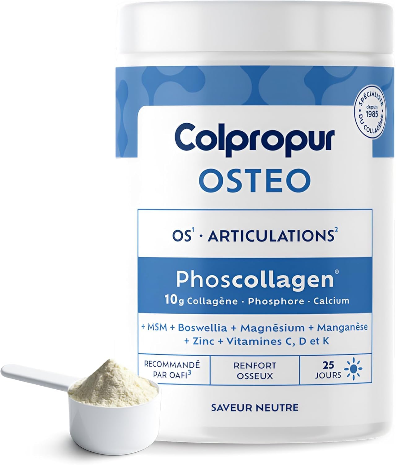 COLLAGENE Poudre Spécial Os & Articulation | 25 jours | Saveur Neutre | 325g | Complément Alimentaire | Collagène Hydrolysé, Calcium, Magnésium | Phoscollagène| Sans OGM ni Additif | COLPROPUR Ostéo