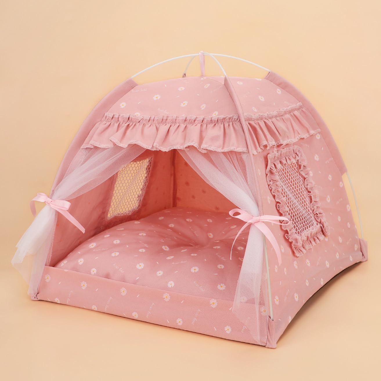 Selena Cat Bed Tents Dog House Indoor Outdoor Lace Mesh Breathable Windows Door Curtains Removable Portable Nest Teepe House (Small,Pink(Ruffled Teim))