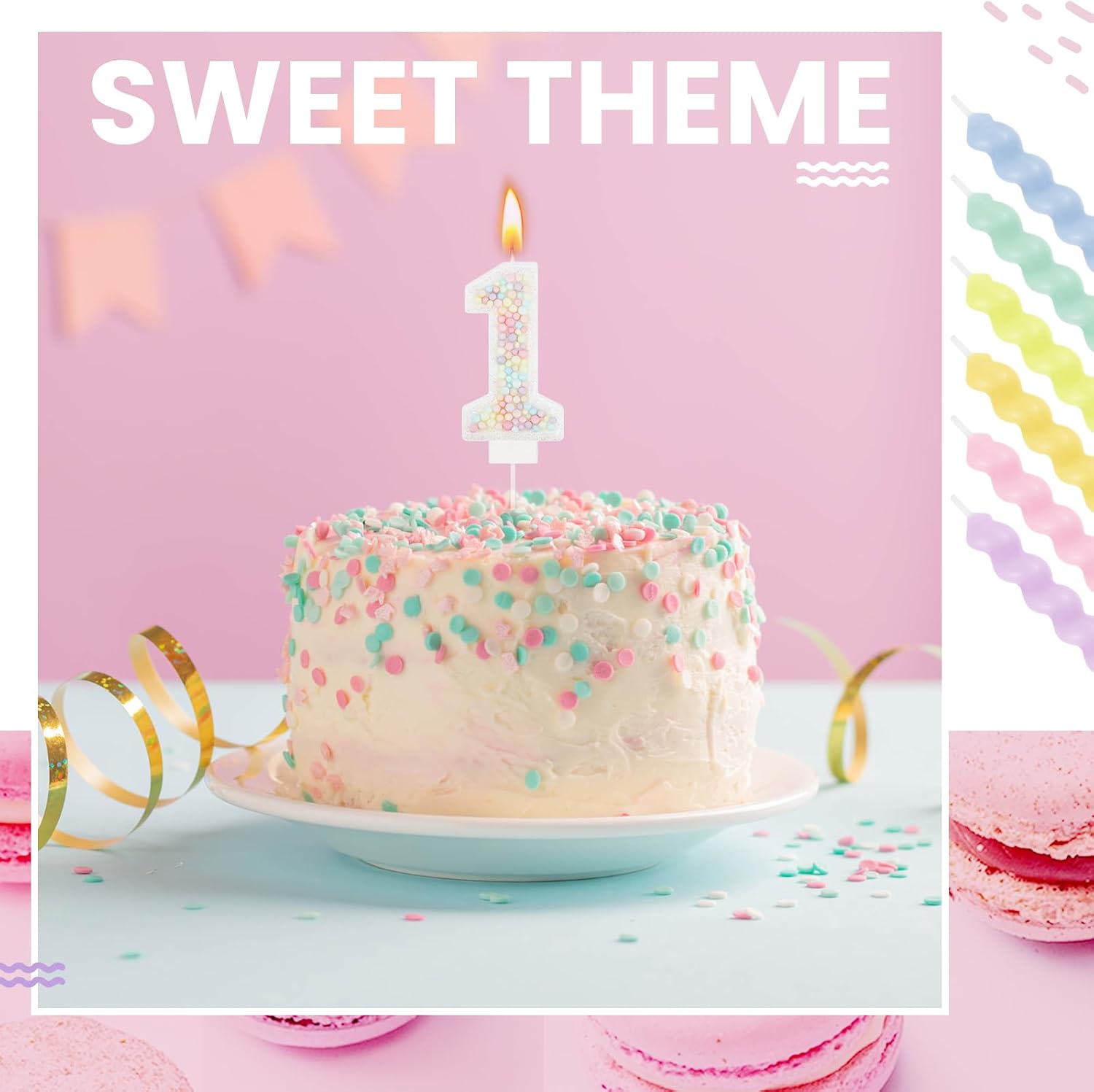 MTLEE White Macaron Number 1 Birthday Candle with 12 Rainbow Spiral Candles image 4