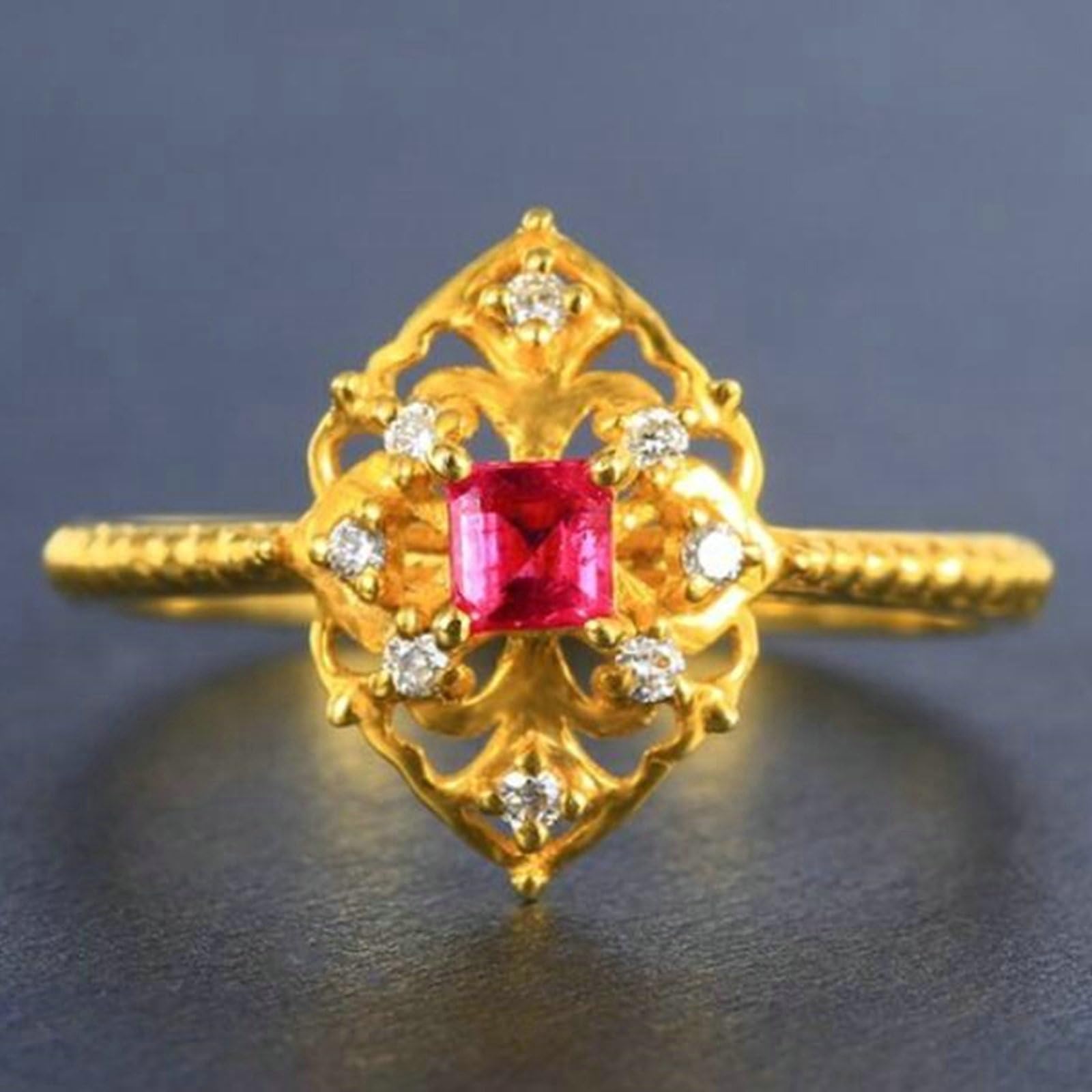 Pierścionki damskie zaręczynowe 14-karatowe żółte złoto, pierścionek rocznicowy damski design w stylu vintage pusty syntetyczny rubin 0,29 ct i moissanit pierścionek dla mamy, dziewczyny