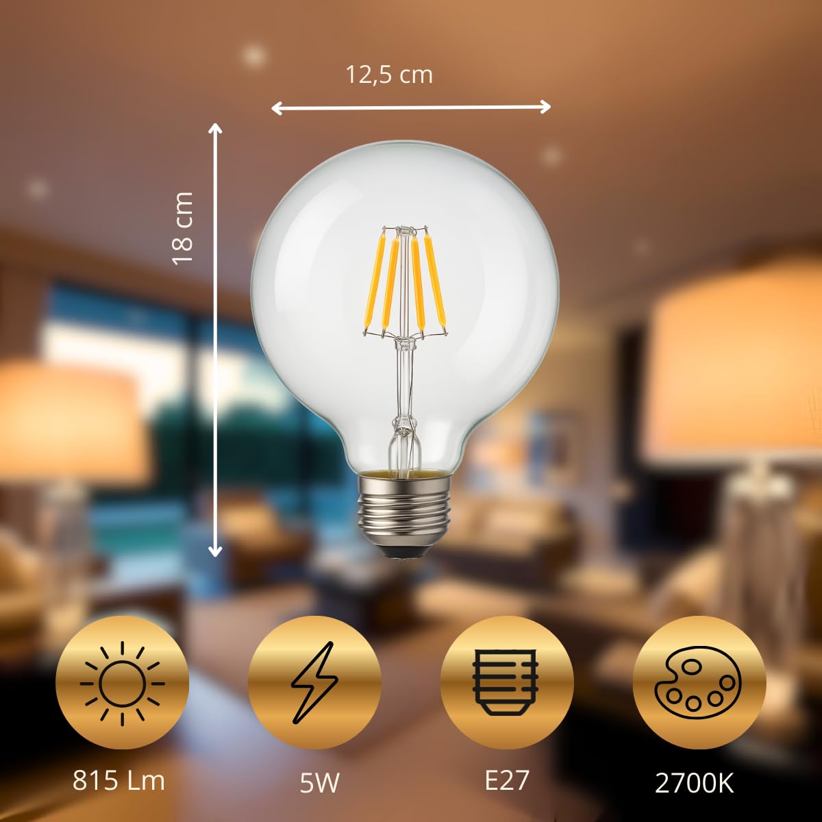 JANDEI - 5 x 5W LED-Glühbirne mit Glühfaden, Edison-Sockel E27, Vintage-Stil, sichtbare Kristalloberfläche, 2700 K, 815 Lumen. Dekorativ, elegant, nicht dimmbar, Abmessungen: 12,5 cm x 18 cm.