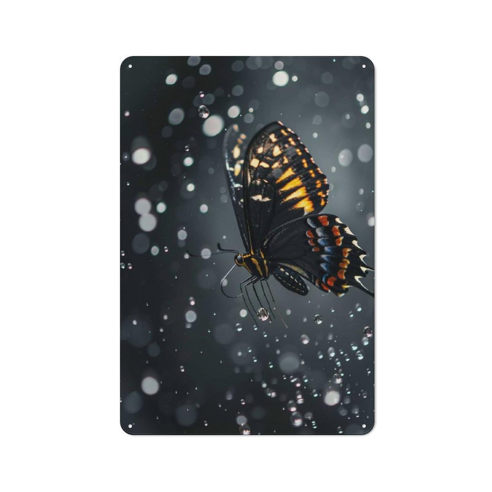 Butterflies In Raindrops Warehouse Style Metal Wall Decor 30x20cm, Metal Wall Sign for Workspace, Cafe, Hallway Or Garage