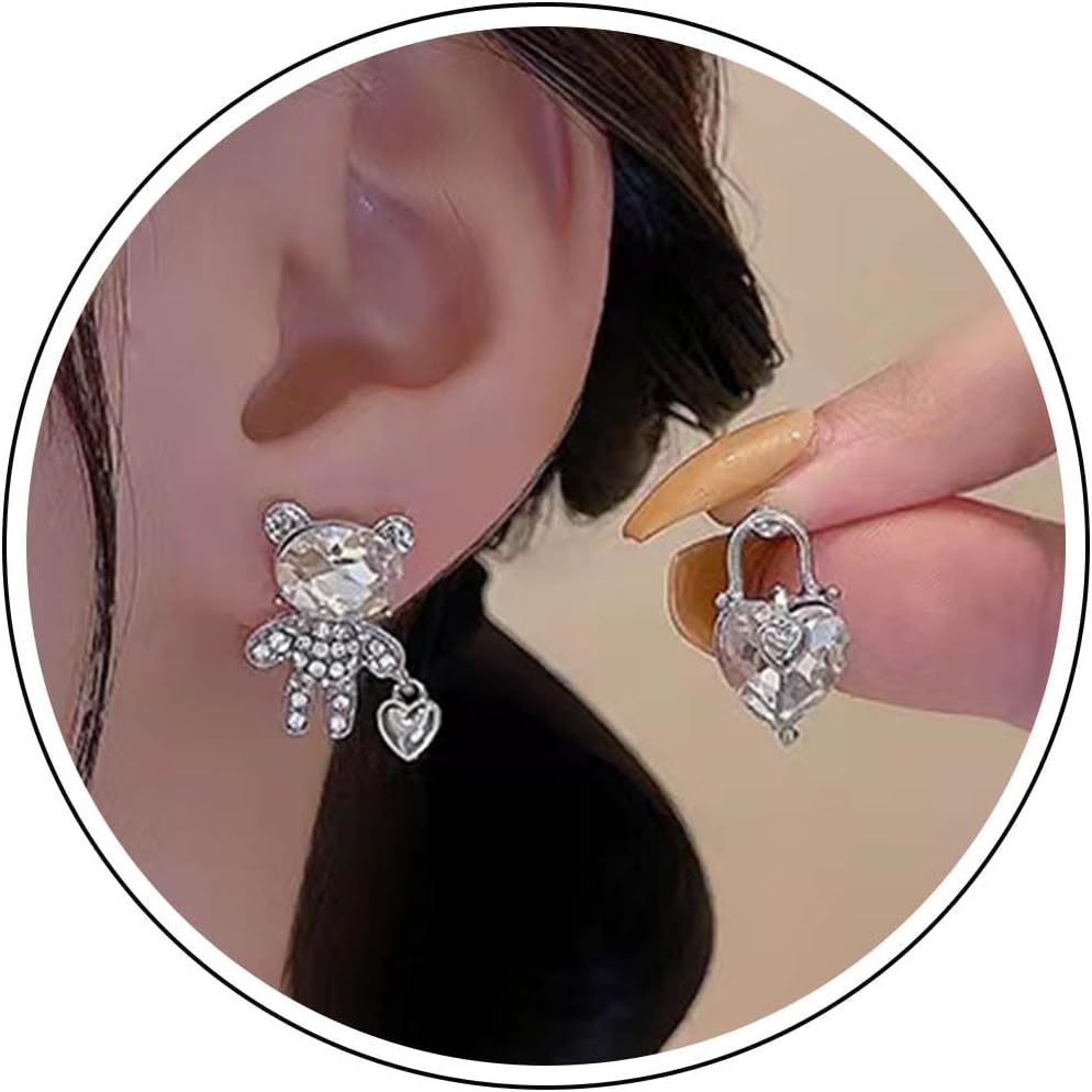 Asymmetric Stud Earrings Cz Crystal Heart Bear Dangle Earrings Shiny Cubic Zirconia Bear Love Heart Mismatched Earrings Cute Cartilage Studs Earring Jewelry for Women